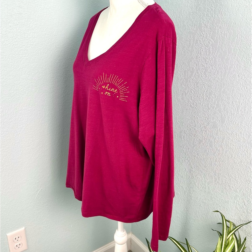 Sonoma Plus Size XXL “Shine On” Raspberry V-Neck Long Sleeve Top NWOT